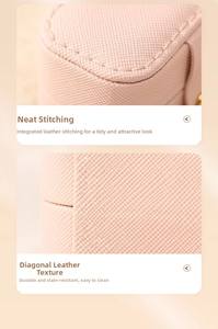 Detail of pink faux leather jewelry box featuring cross-grain texture and neat stitching