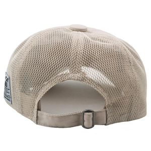 Detail of breathable mesh newsboy cap back with adjustable metal buckle closure