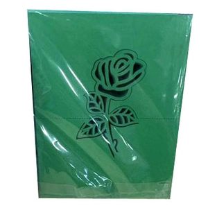 Detailed view of green cardstock with black rose pattern in protective packaging