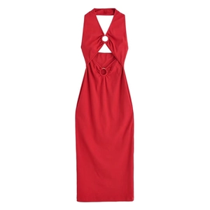 Abito Midi In Maglia A Costine Scollo All'americana Cut Out Bodycon Senza Maniche Con Anello Di Metallo Tinta Unita Elegante Donna