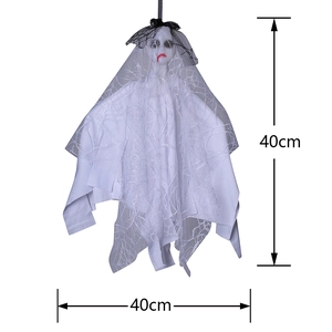 Detailed view of Halloween white ghost bride hanging prop with mesh fabric and bloody lips
