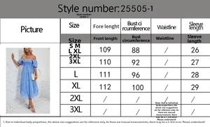 Detailed size guide table for women's summer layered beach dress in blue plaid pattern