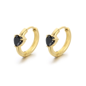 Luxurious gold stainless steel huggie earrings with black heart-shaped stone inserts