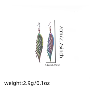 Detailed size specifications for iridescent feather earrings showing dimensions and weight