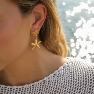 Boucles D'Oreilles Étoile De Mer Pendantes Acier Inoxydable Plaqué Or 18K Double Couche Océan Plage Bijoux Pour Femmes