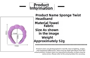 Detailed view of purple sponge twisted headband with towel cloth texture and dimensions