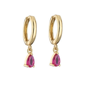 Elegant gold drop earrings featuring pear-cut deep pink zirconia stones on circular hoops