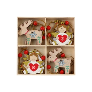 Set of Christmas wooden elk and angel ornaments in a rustic storage box with red beads