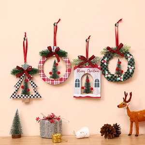 Christmas Wooden Hanging Ornaments Mini Tree House Wreath Shapes With Plaid Bows And Cedar Trees Holiday Home Decor