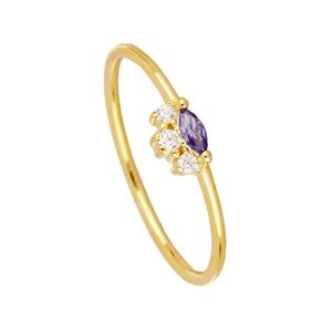 Minimalist 18k gold plated copper ring with purple marquise zircon and clear round stones