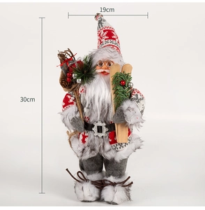 Detail showing Santa Claus figurine with knit clothes and skis, height 30cm and width 19cm