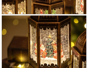 Close-up of vintage bronze Christmas lantern with Santa Claus and festive warm lighting