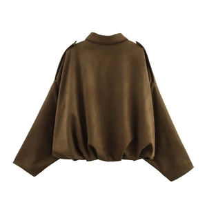 Rear view of brown suede bomber jacket showing drop shoulder and ribbed hem details