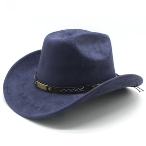Ethnic navy faux suede western cowboy hat with leather band and metal buckle
