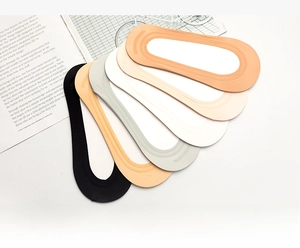 Detail view of 5-pack seamless ice silk socks with non-slip silicone grip in neutral colors