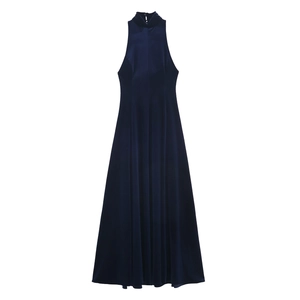 Velvet Backless Maxi Dress Halter Neck Sleeveless Deep Blue Elegant Evening Party Long Gown For Women