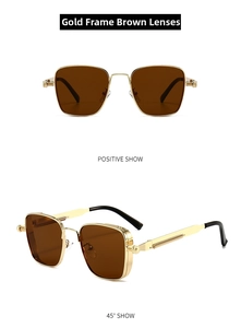 Detail view of steampunk square sunglasses with gold metal frame and spring hinge design