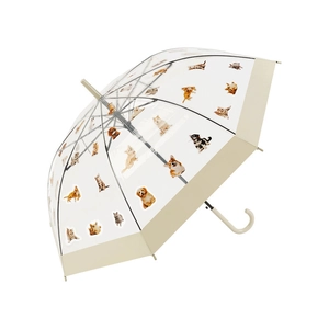 Transparent dome umbrella featuring cute cat and dog prints with a beige trim finish