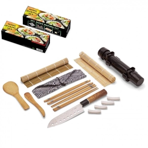 Complete 15-piece bamboo sushi making kit with bazooka, rolling mats, and professional knife