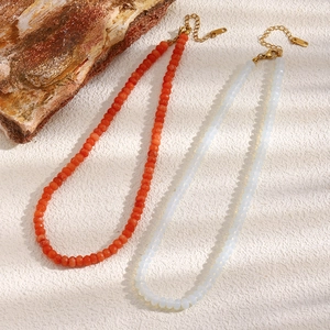 18K gold plated stainless steel necklaces with red agate and white opal natural stone beads