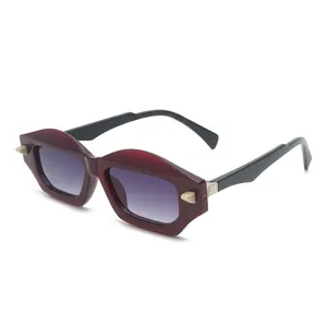 Retro polygon sunglasses for women and men with wine red frames and UV protection