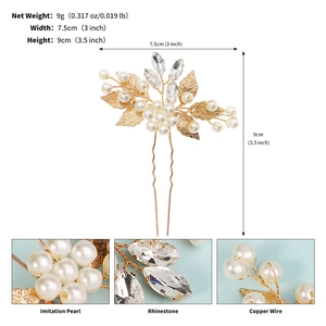 Detailed chart showing bridal hair pin dimensions, weight, pearl and rhinestone materials