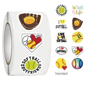 Close-up of 8 softball theme sticker designs with 0.96 inch diameter per round label