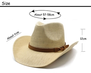 Detailed size specifications for the vintage straw cowboy hat with dimensions