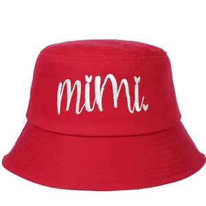 Classic red cotton bucket hat featuring stylish white mimi script embroidery detail.