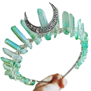 Bohemian crystal crown with green quartz points and silver moon moon centerpiece
