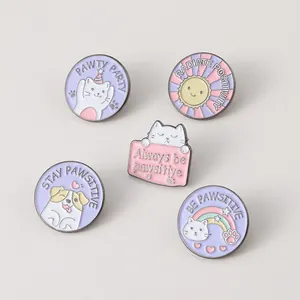 Set of 5 purple and pink cartoon enamel pins with cat paw designs and cute sayings