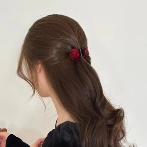 Elegant burgundy silk rose hair claw clip for women's half-up hairstyle decoration