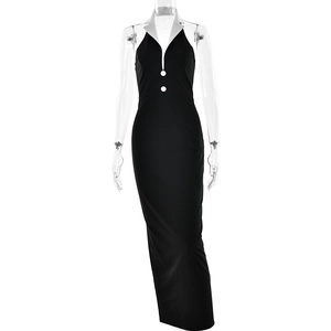 Elegant black halter maxi dress with white lapel collar and buttons on mannequin