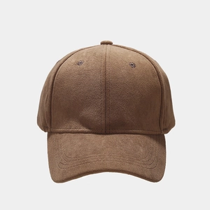 Detail of dark brown faux suede baseball cap showing matte texture and six-panel stitching