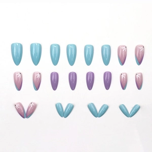 Kit de 24 faux ongles en amande élégants aux tons bleu, violet et à motifs floraux