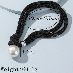 Double-layered black braided choker necklace with a large 4.2cm faux pearl pendant