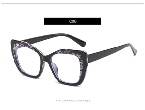 Detail of square TR90 frame with purple marble pattern and cat-eye inspired temple design