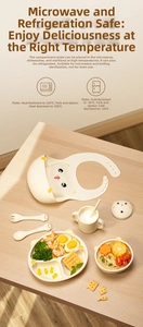 Close-up of heat-resistant silicone baby plate and cat-themed dinnerware set