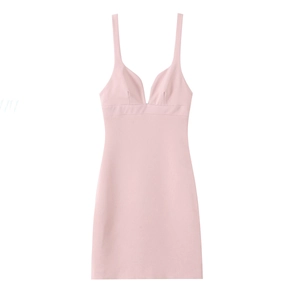 Pink slim fit sleeveless mini dress with deep V-neck and decorative bow detail