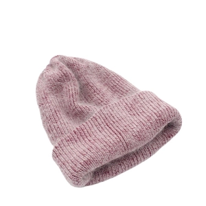 Thick angora rabbit fur knit beanie in dark pink and white mixed yarn for women