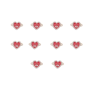 Flat lay of 10 red heart charms with evil eye detail and rhinestones for DIY jewelry