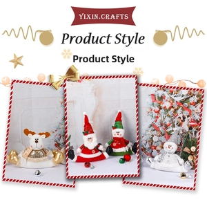 Detail of sequined Santa, Snowman, and Reindeer plush figurines with festive embroidery
