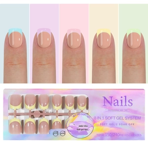 Detailed set of French soft gel nail tips in 15 sizes and multiple pastel tip colors