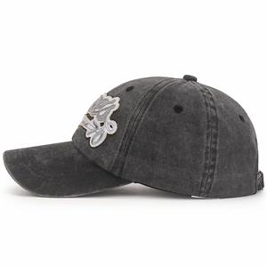 Charcoal grey washed canvas baseball cap with vintage embroidery and adjustable strap