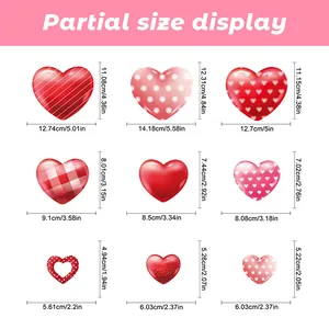 Size guide for heart window decals showing dimensions for nine bohemian style patterns