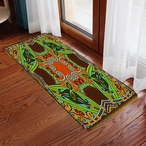 Bohemian mandala pattern flannel floor runner rug on dark wood floor with natural light