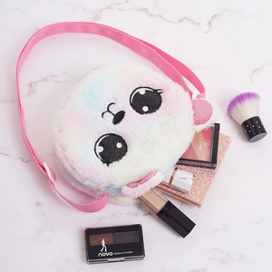 Rainbow plush panda crossbody bag for girls with cute animal embroidery and pink strap