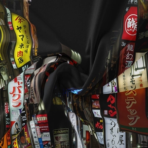 Detailed view of bohemian tapestry fabric with colorful Japanese street sign prints