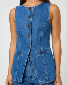 Dettaglio ravvicinato del tessuto denim e dei bottoni metallici su un gilet blu
