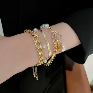 Chic multi-layered gold link bracelet set with OT toggle clasp and pearls for women